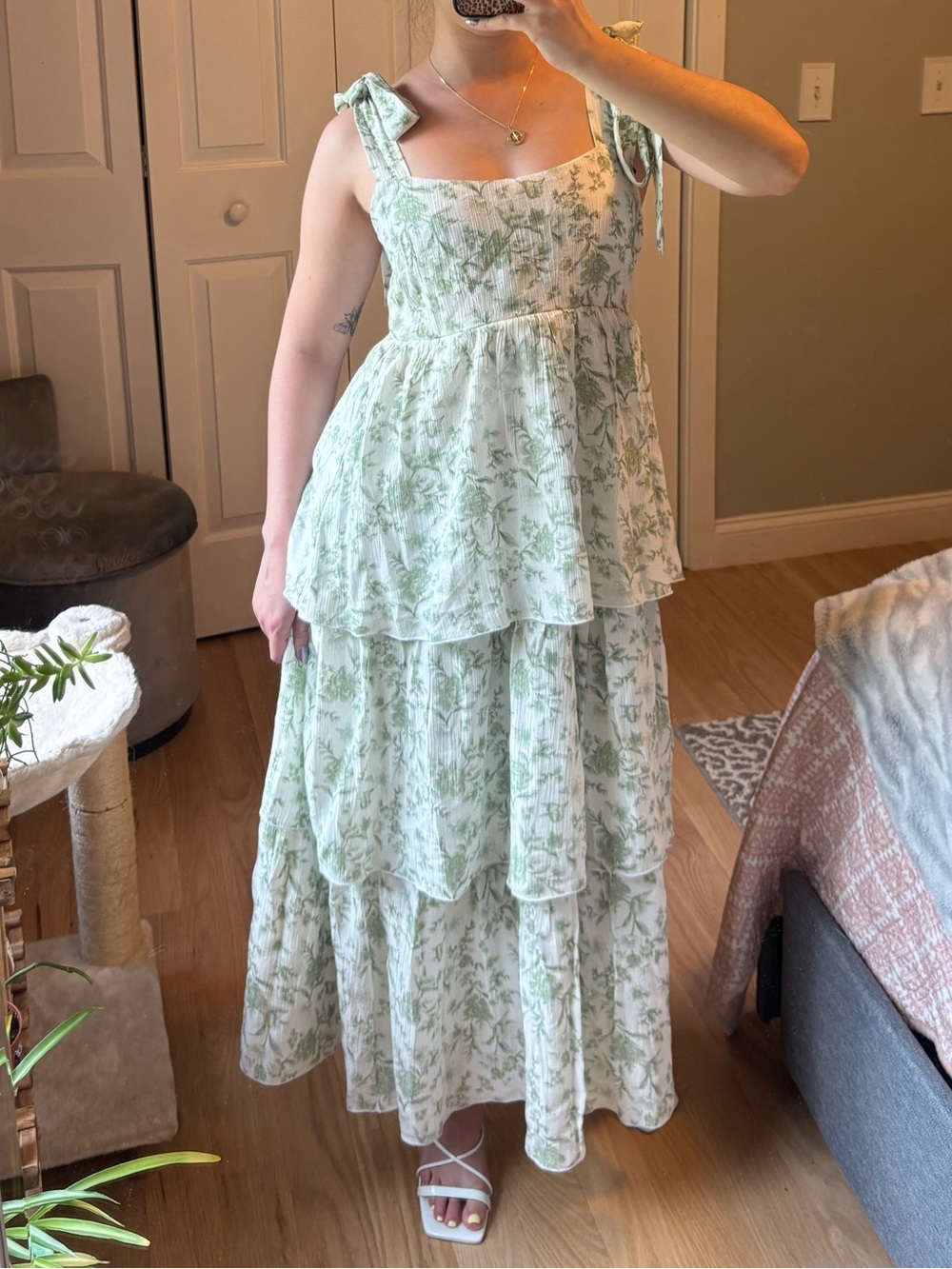 Tiered Floral Maxi Dress in Light Green